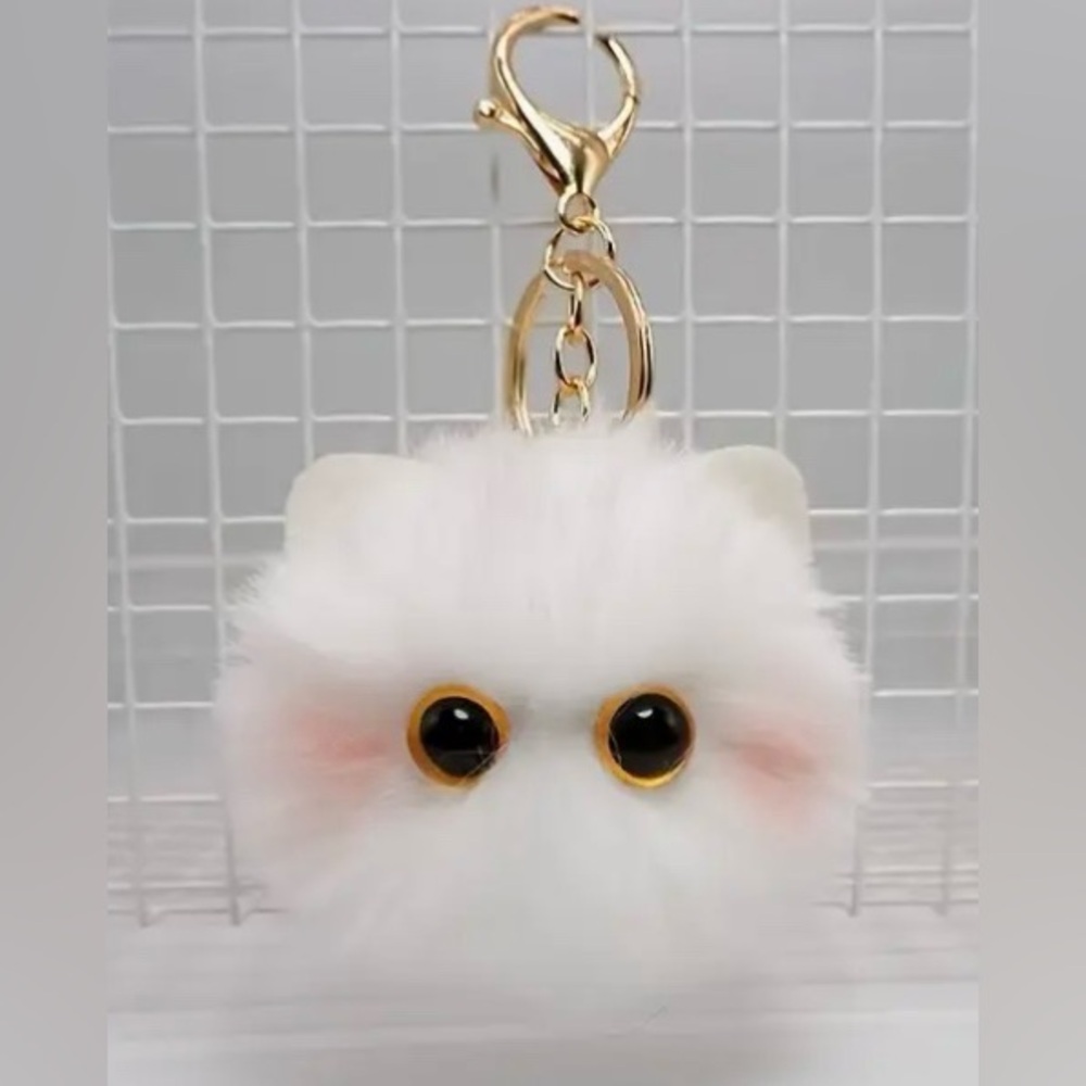 Fluffy Cat White Pompom Key Ring Purse Charm Kitty Cat - Picture 3 of 3